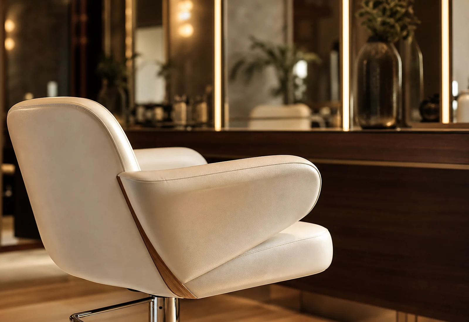 A close view of an empty salon chair in warm evening light.