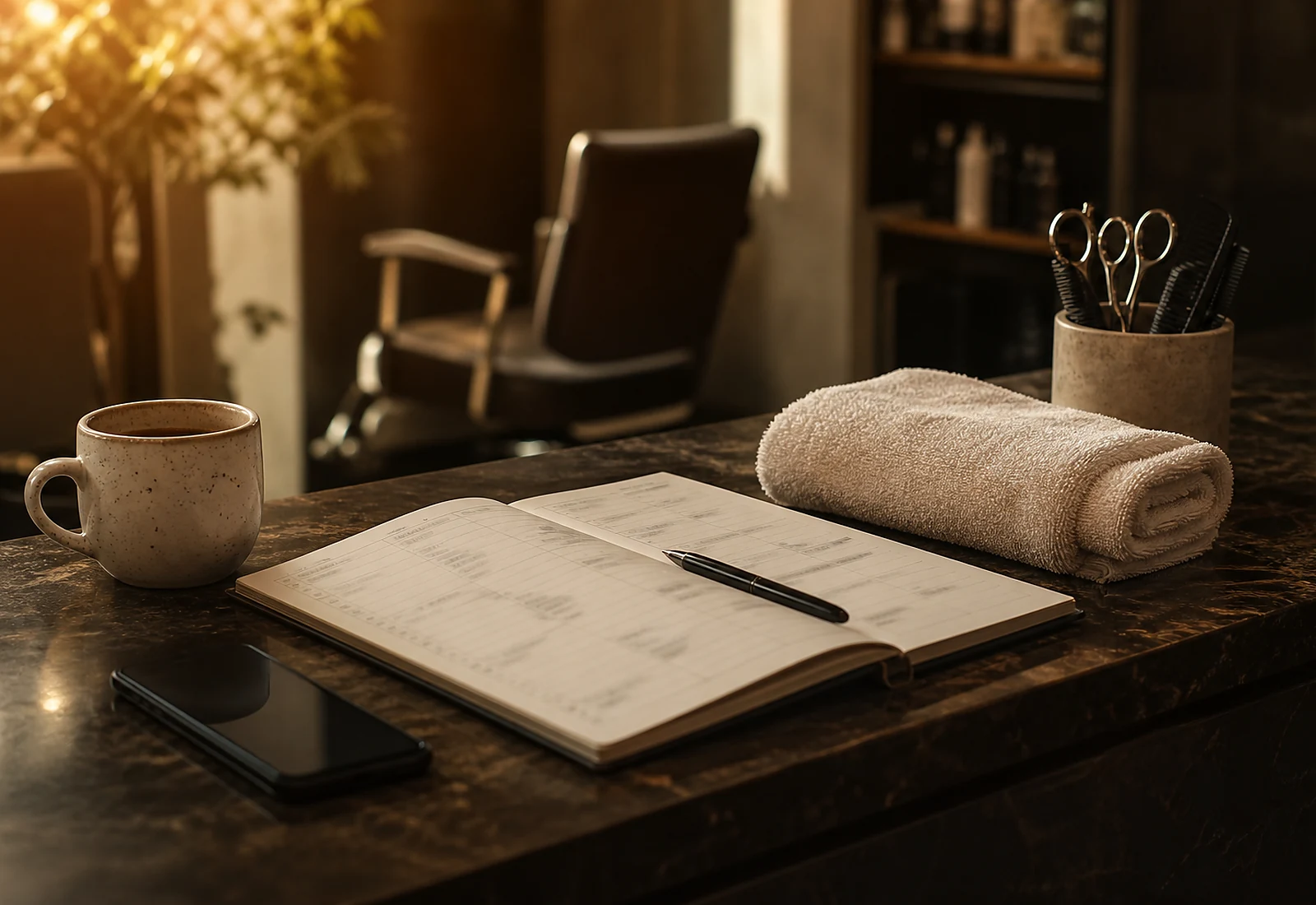 A salon reception desk between clients: an open appointment diary, a phone and a cooling coffee.