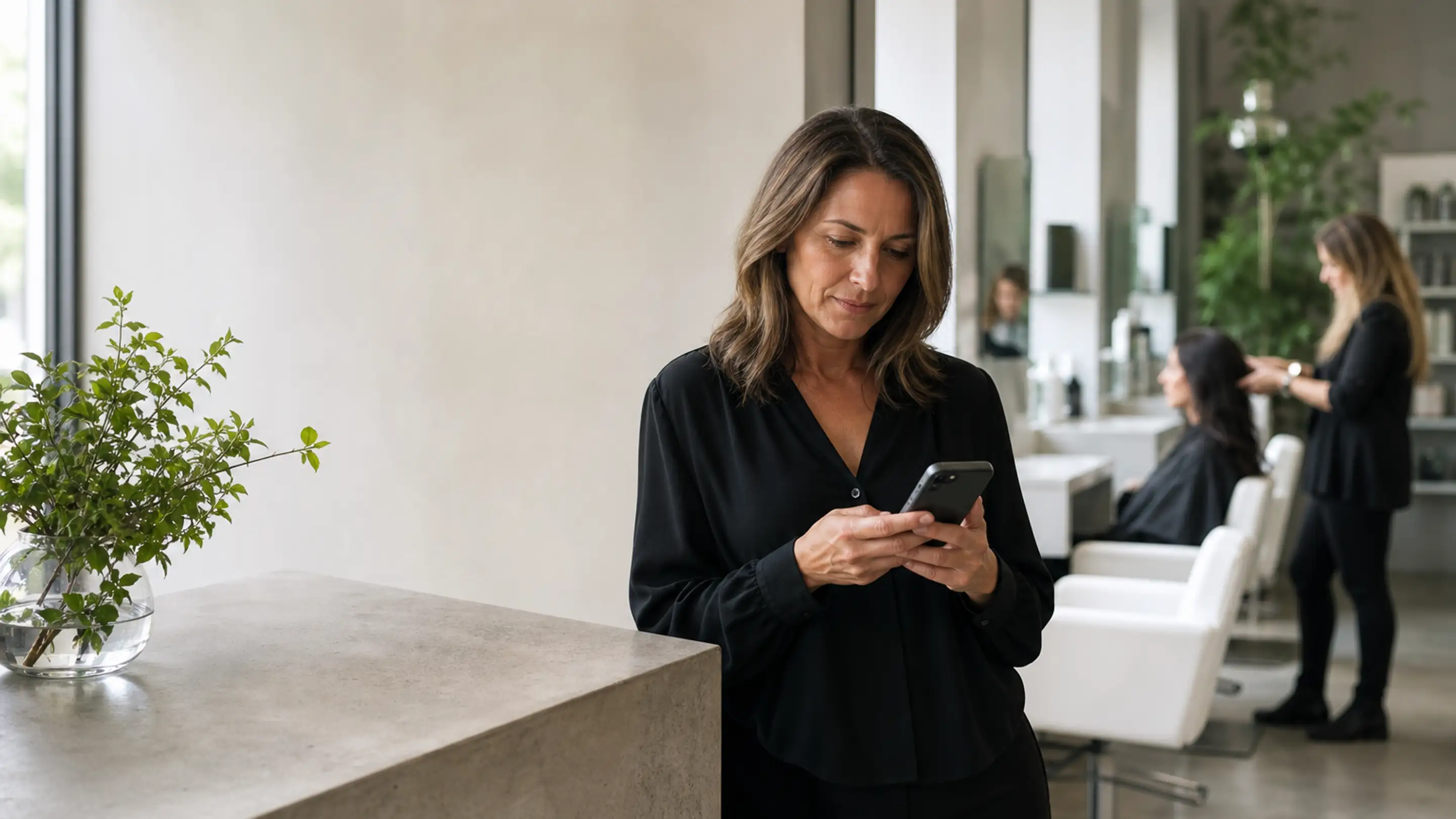 A salon owner reading carefully on her phone at the reception of a calm, daylit salon, with white styling chairs and a relaxed client behind her.