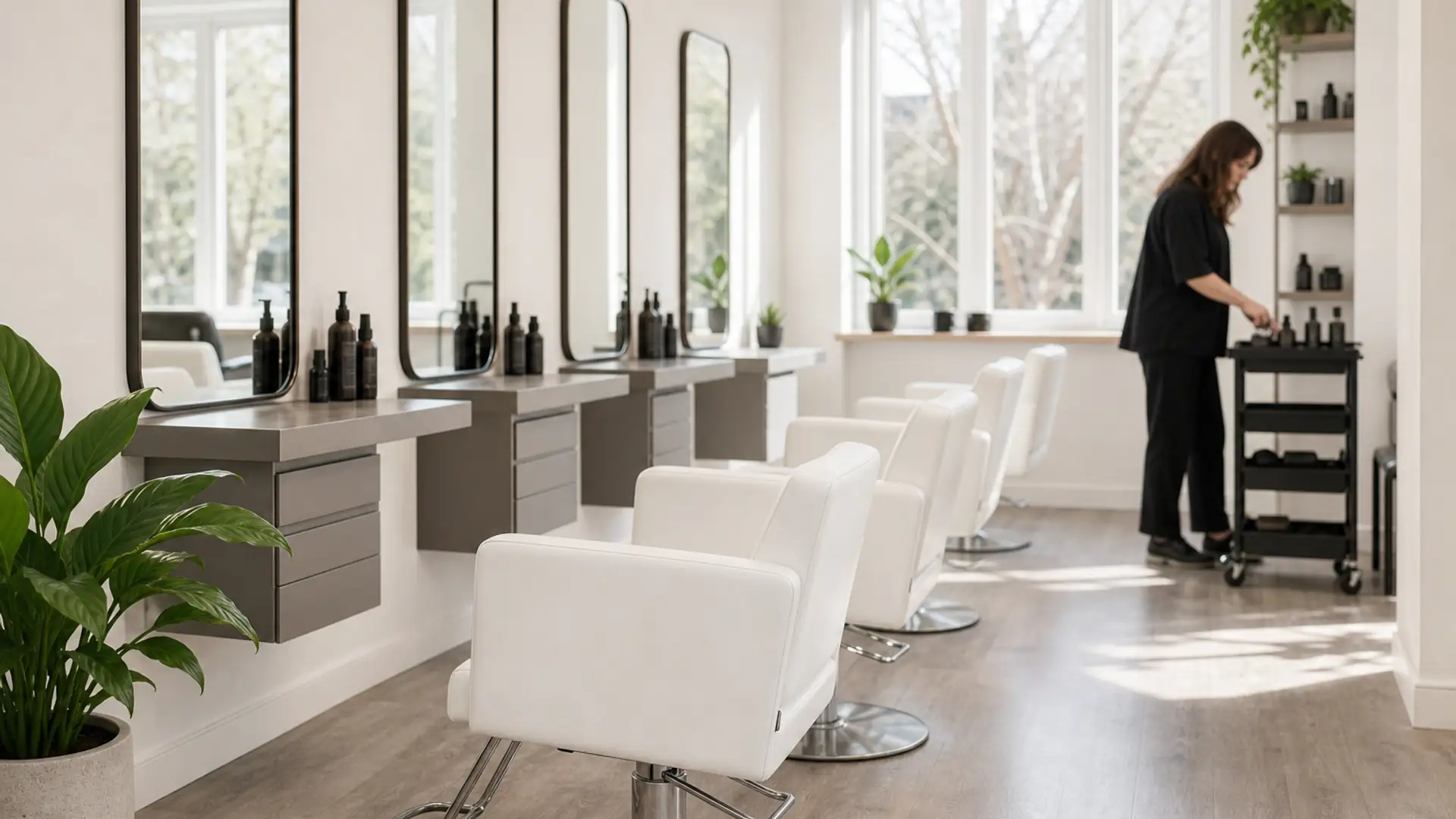 A calm, orderly salon in morning light with a tidy row of white chairs and one stylist preparing for the day.