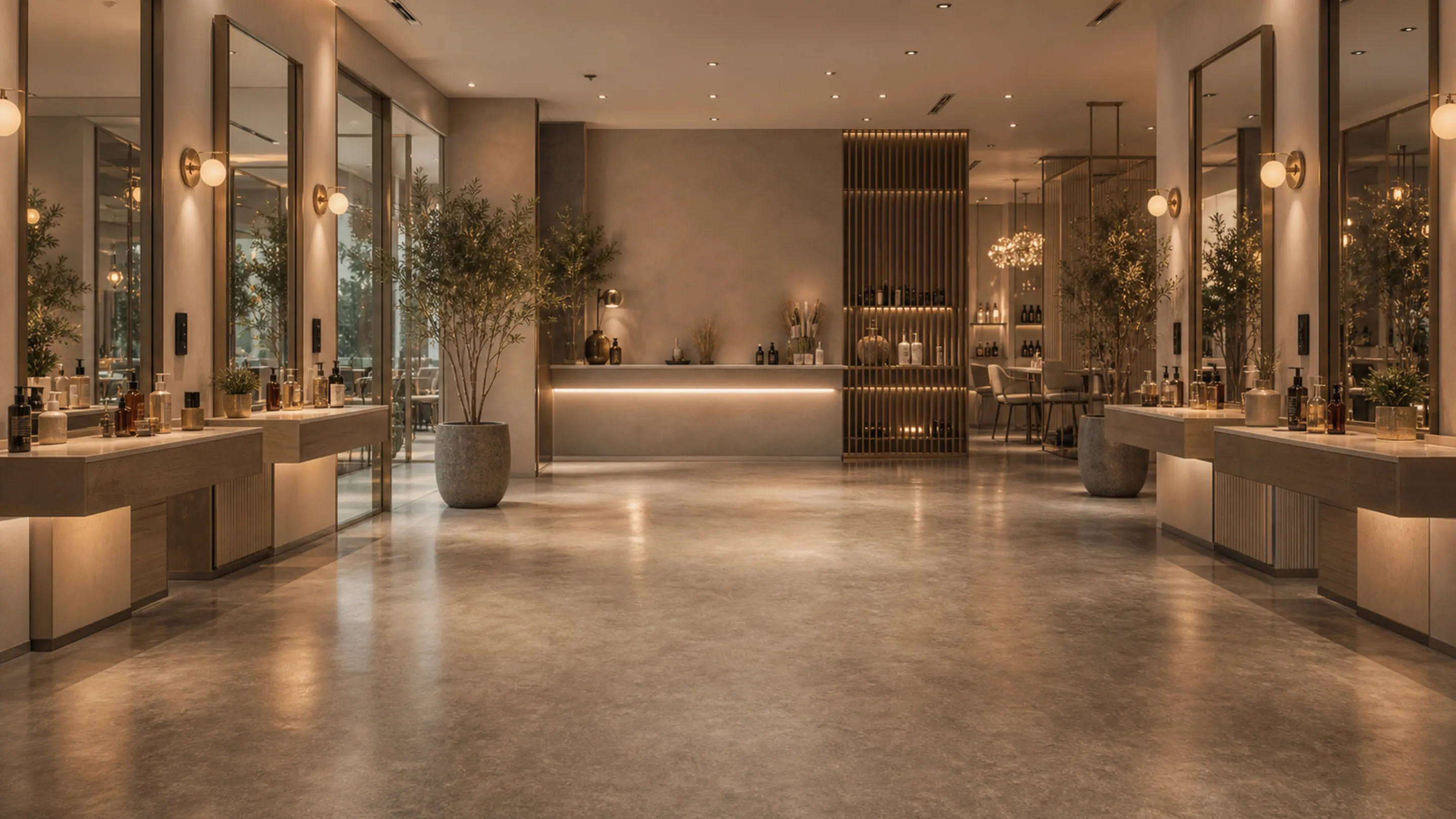 A warm, busy salon with stylists working and clients in the chairs.