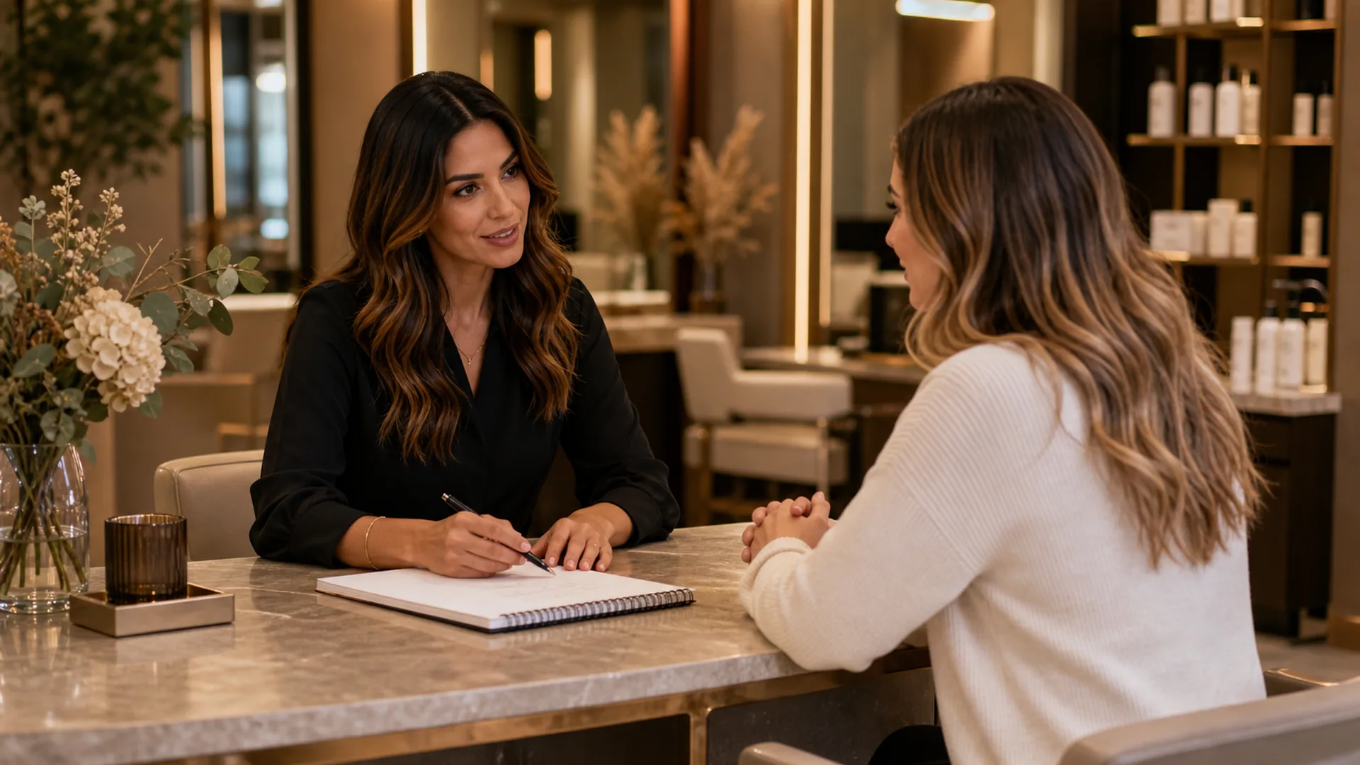 A calm, friendly conversation at the salon reception as a booking is confirmed.