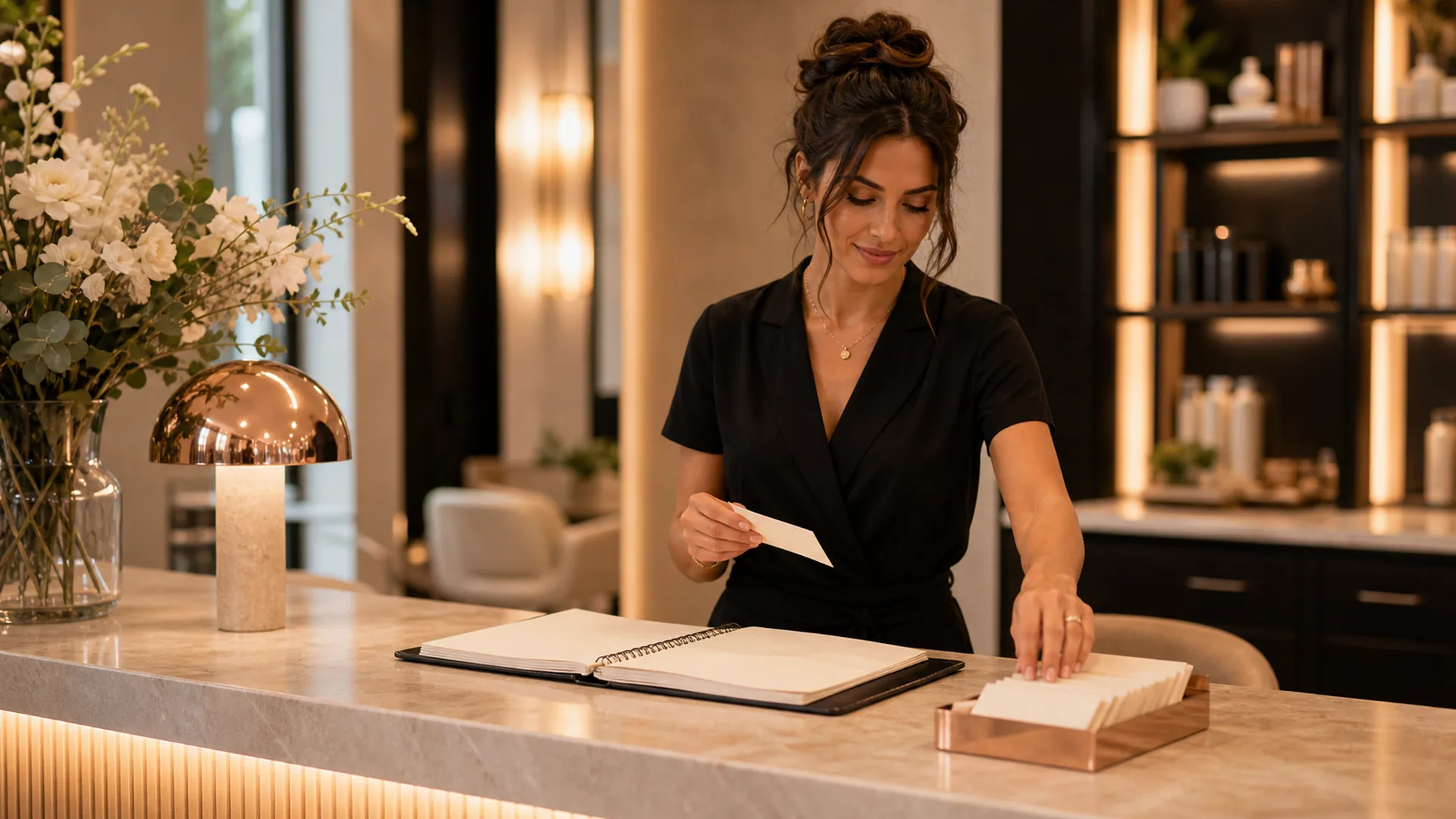 A salon receptionist taking a booking call with the appointment diary open.