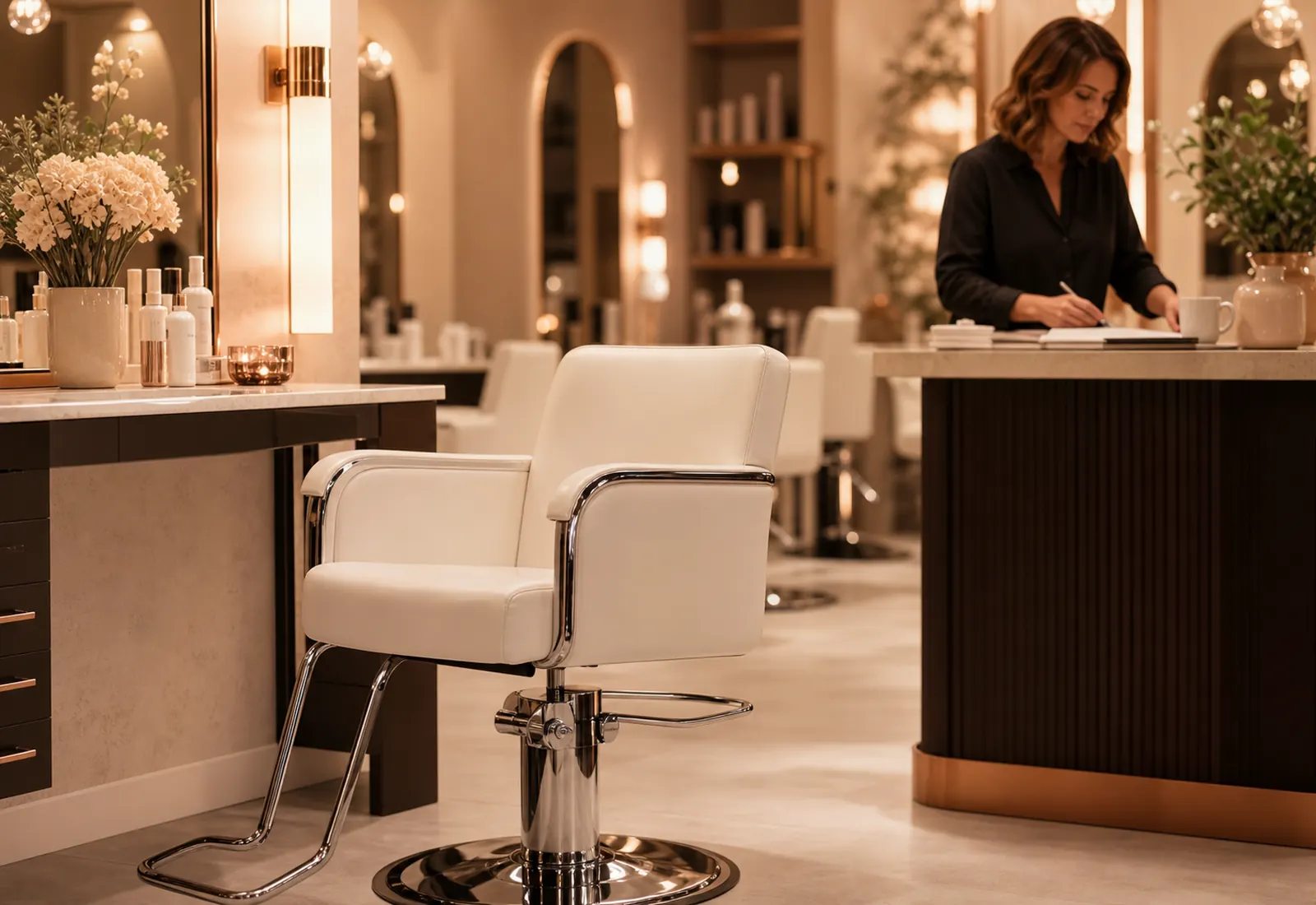 A stylist reviewing the week's appointment diary in a calm, warm salon.