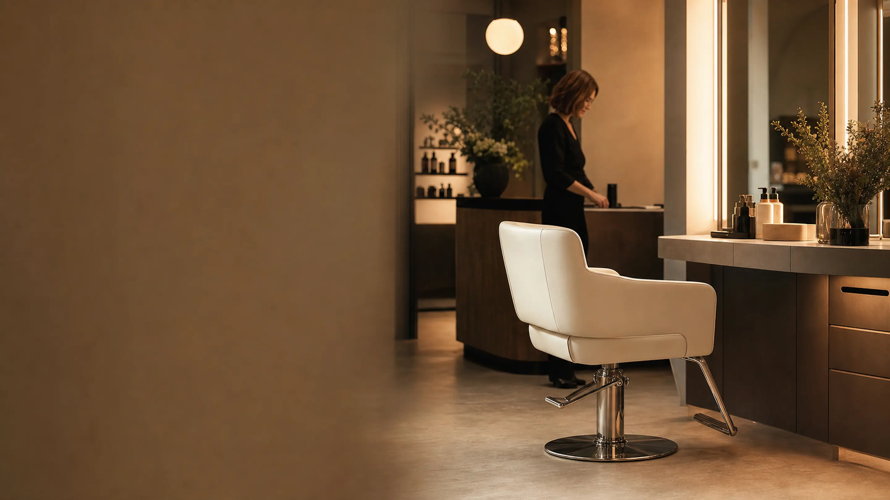A premium salon at the quiet hour, one empty white styling chair in warm light, the owner at the reception desk beyond.
