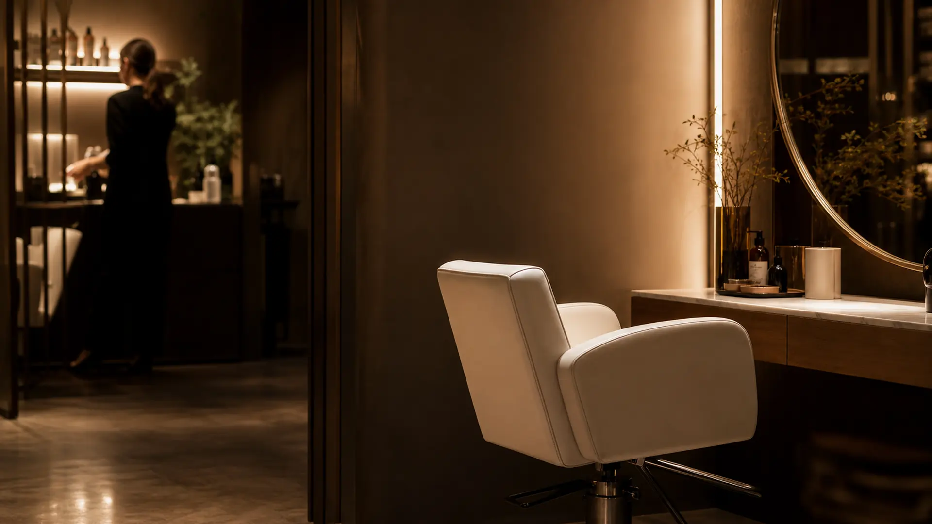 A quiet, premium salon after hours, a single white styling chair lit at a mirror station.