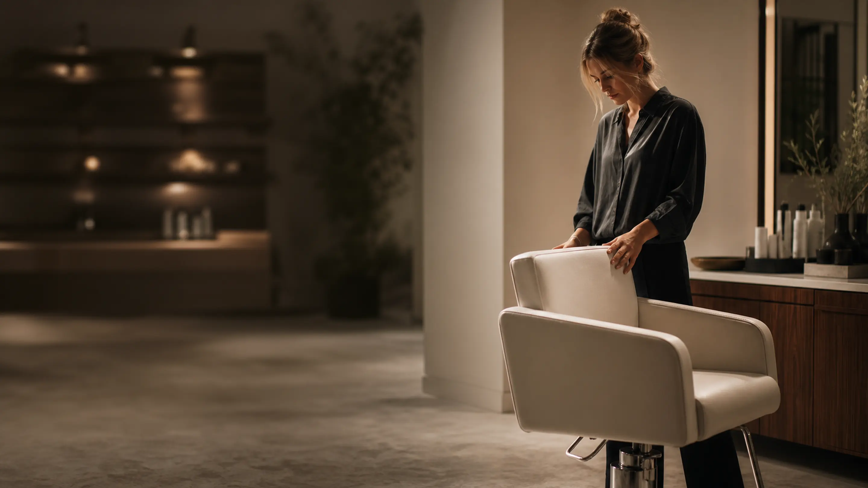 A salon owner pausing with a hand resting on an empty styling chair in warm evening light.