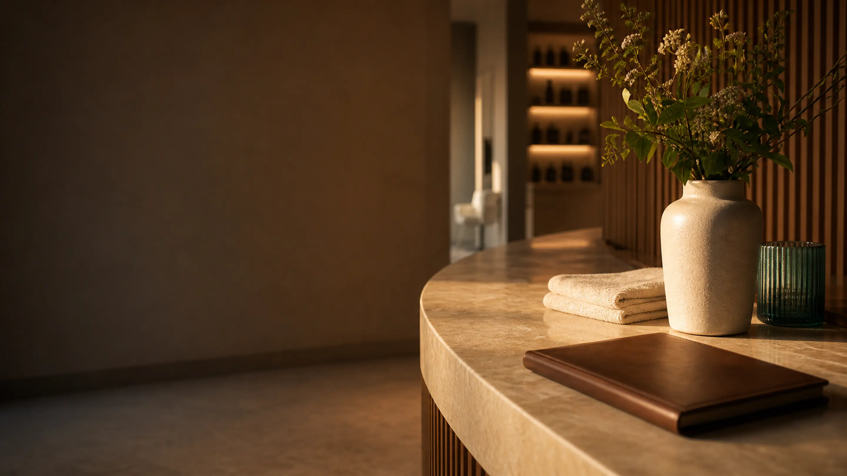A calm salon reception desk in warm golden light at the end of the day.