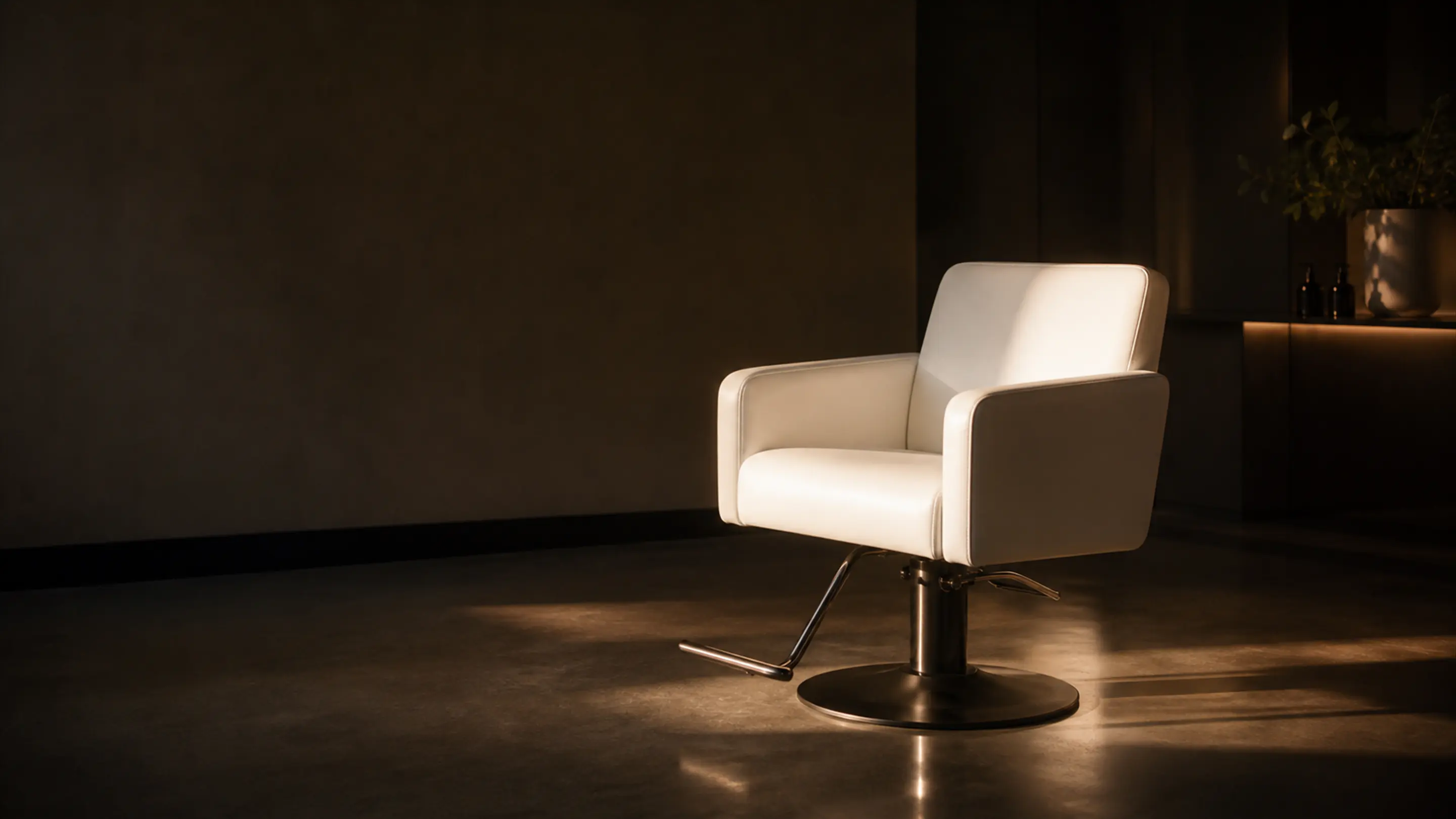 A single empty styling chair in a shaft of warm window light in a quiet salon.