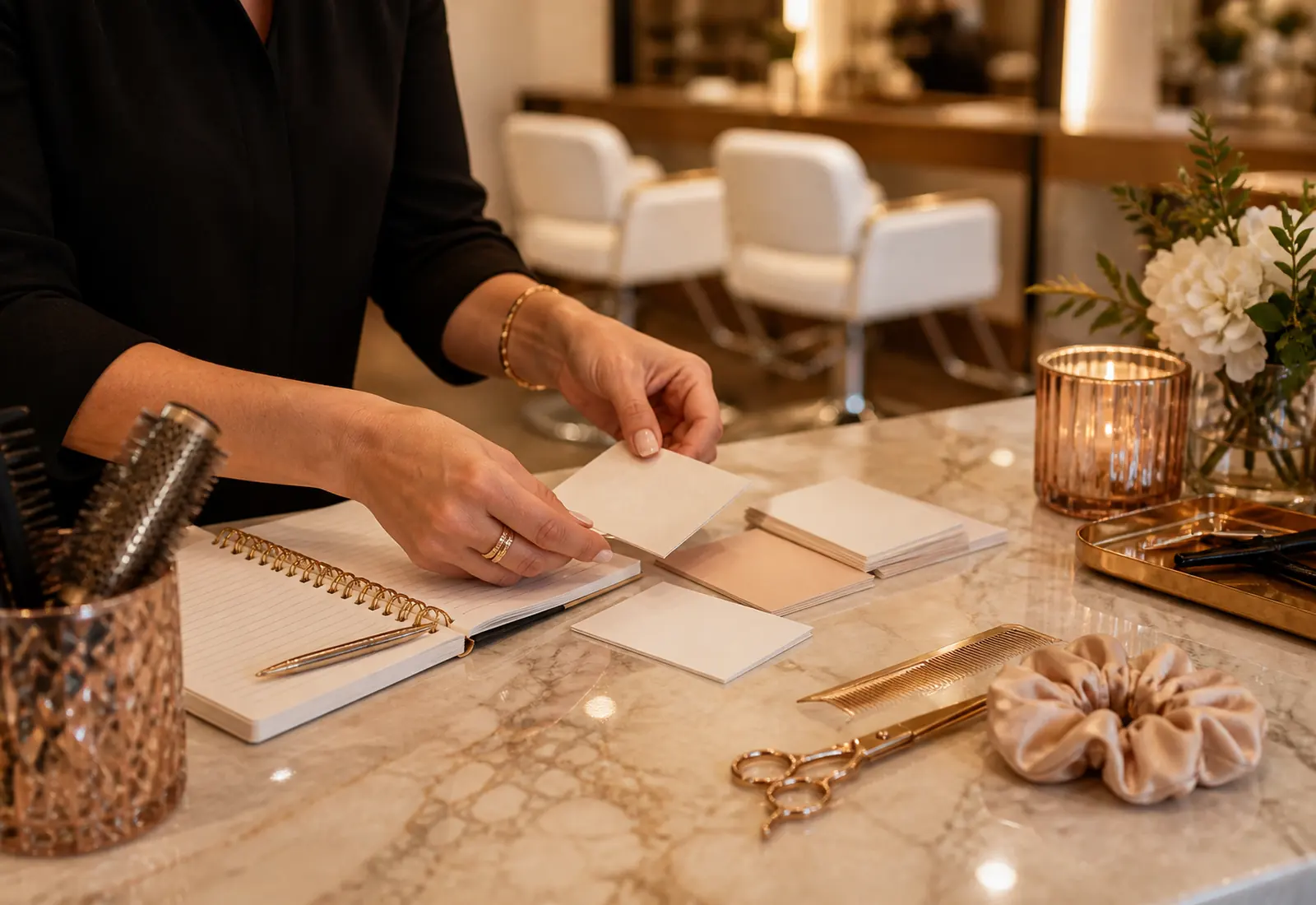 An owner reviewing a message idea in a notebook at a calm salon desk.