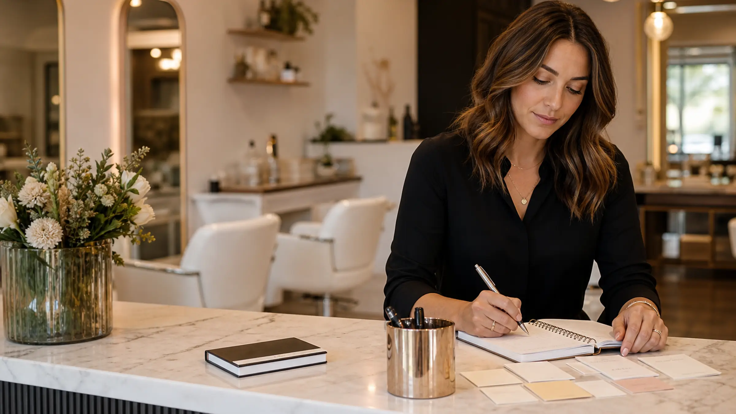 An owner planning the week's client messages with a notebook in a warm, quiet salon.