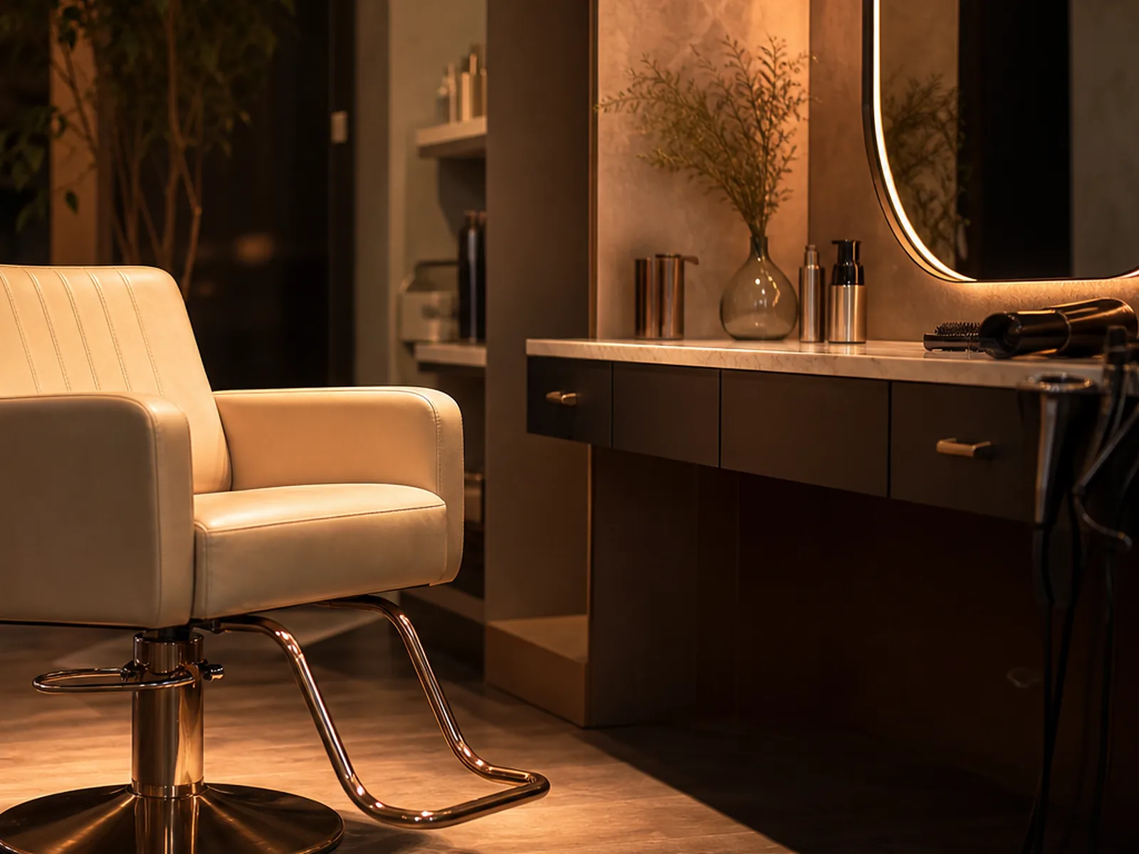 A single salon chair ready in warm, focused light.