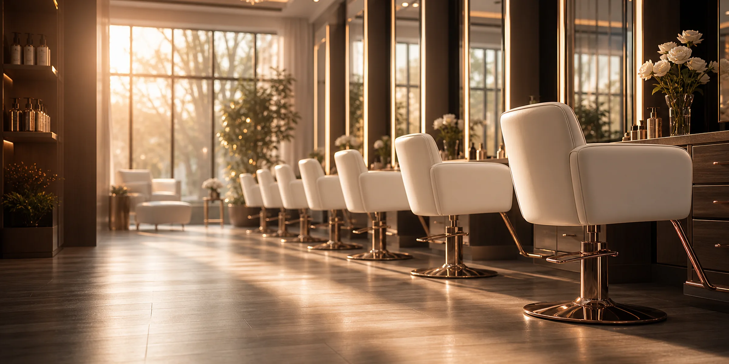 A calm, premium salon floor in warm morning light.