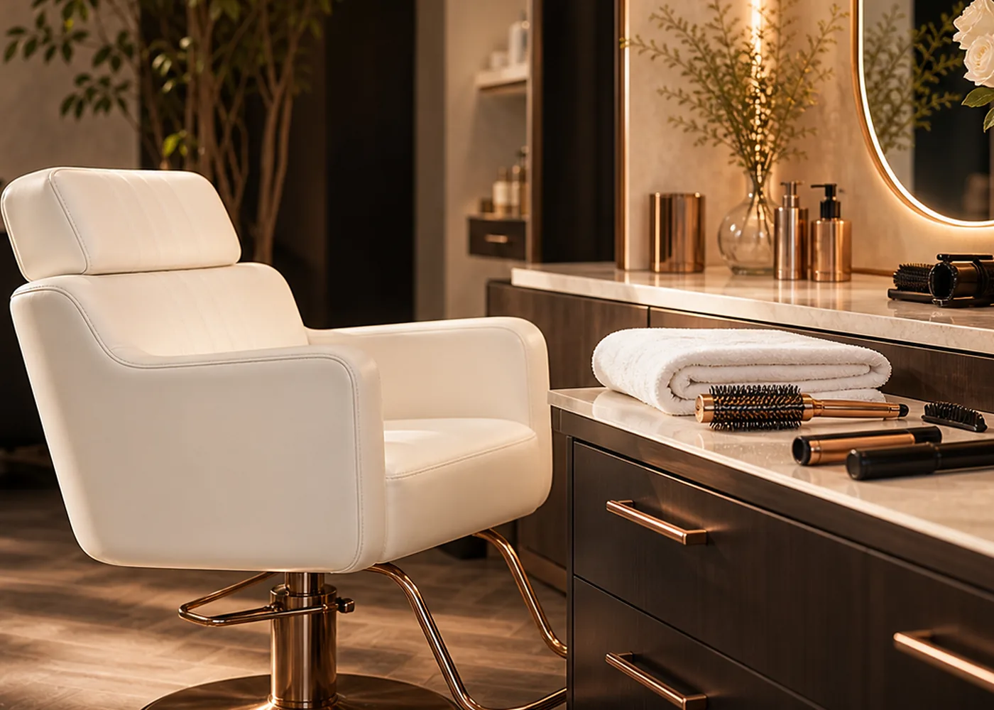 A tidy salon styling station ready at the start of the day.