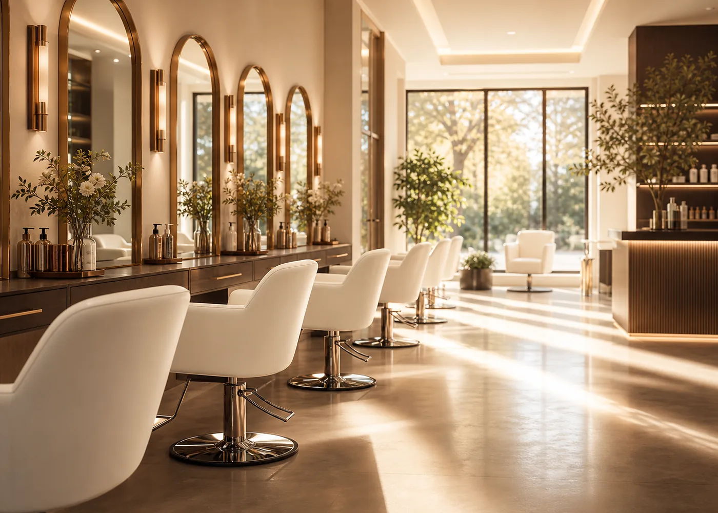 A quiet salon interior in soft daytime light.