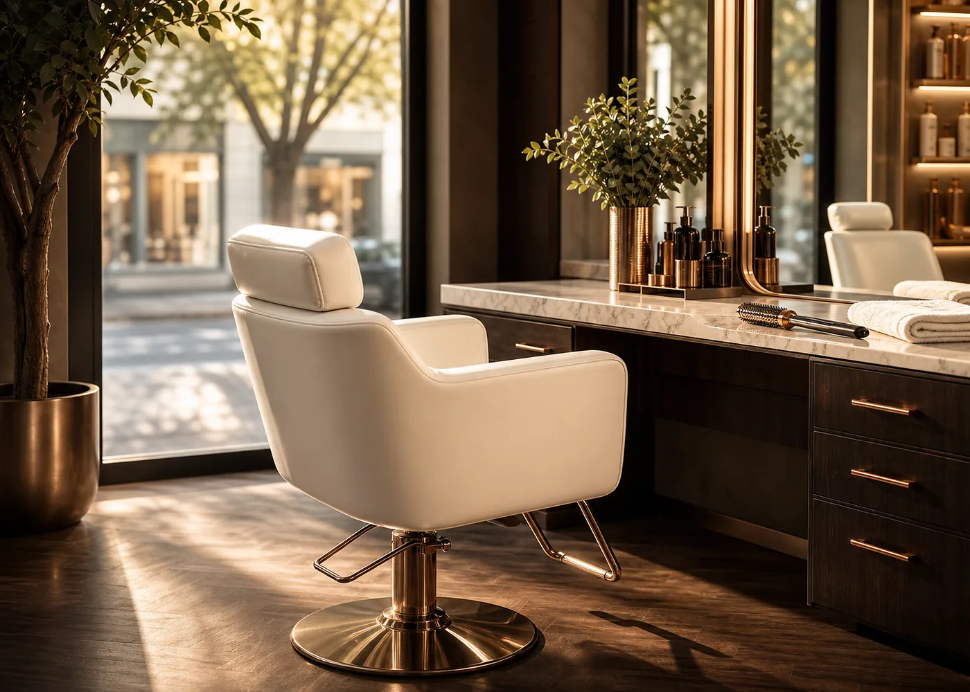 A salon chair beside a window, just opened up for the day.
