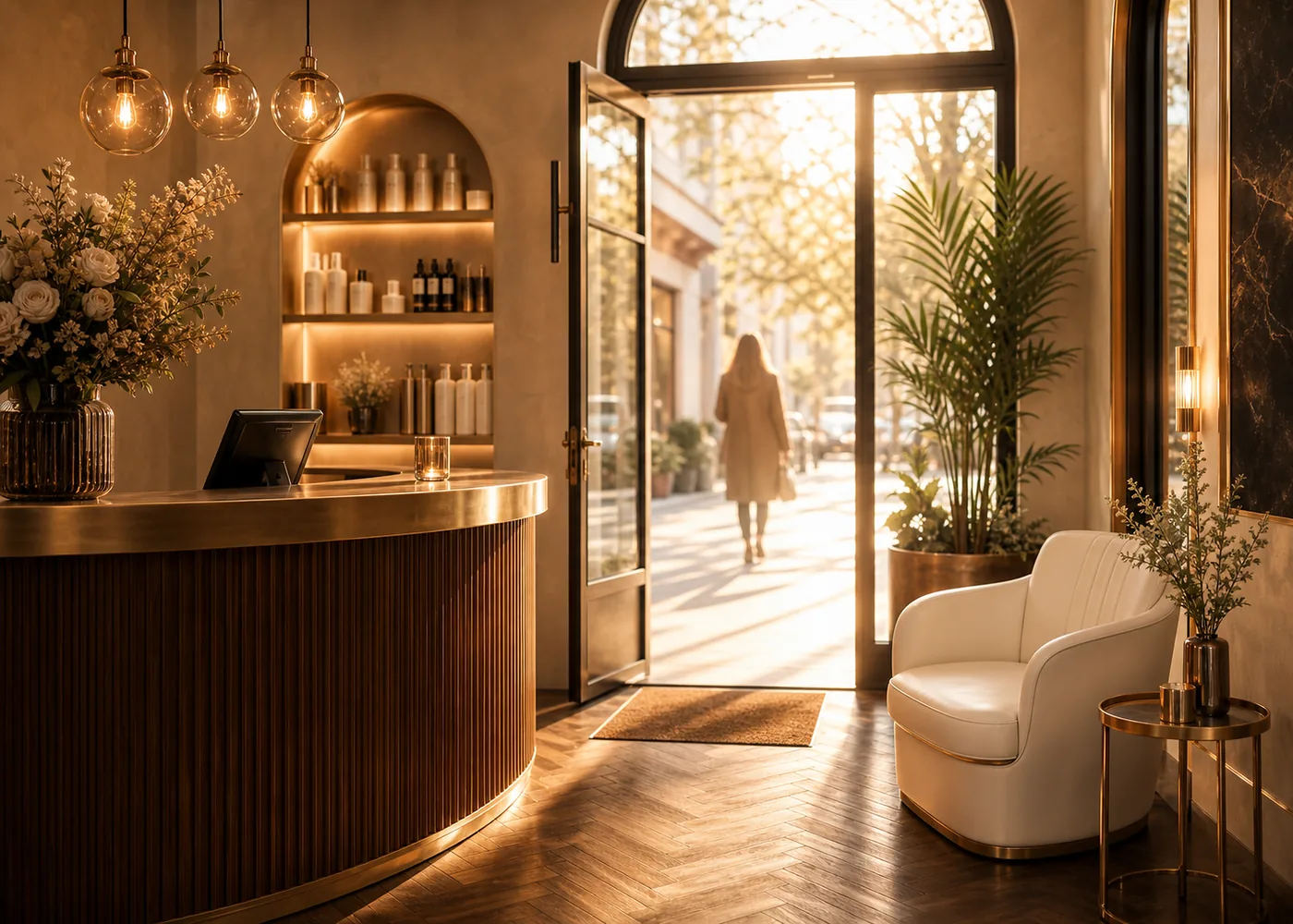 A warm salon entrance with a guest arriving.