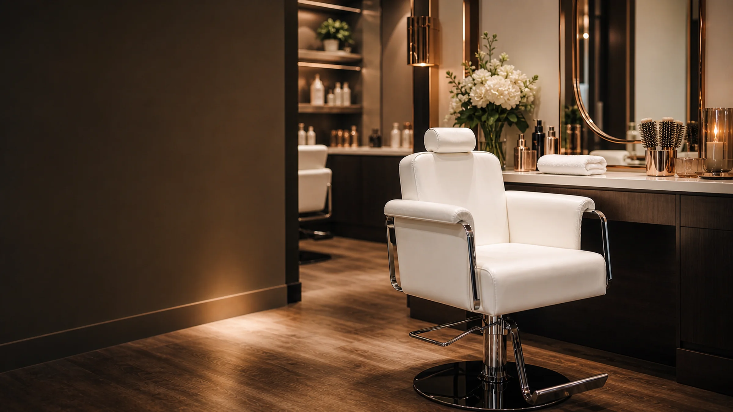A styling station prepared with quiet care, ready for the next guest.