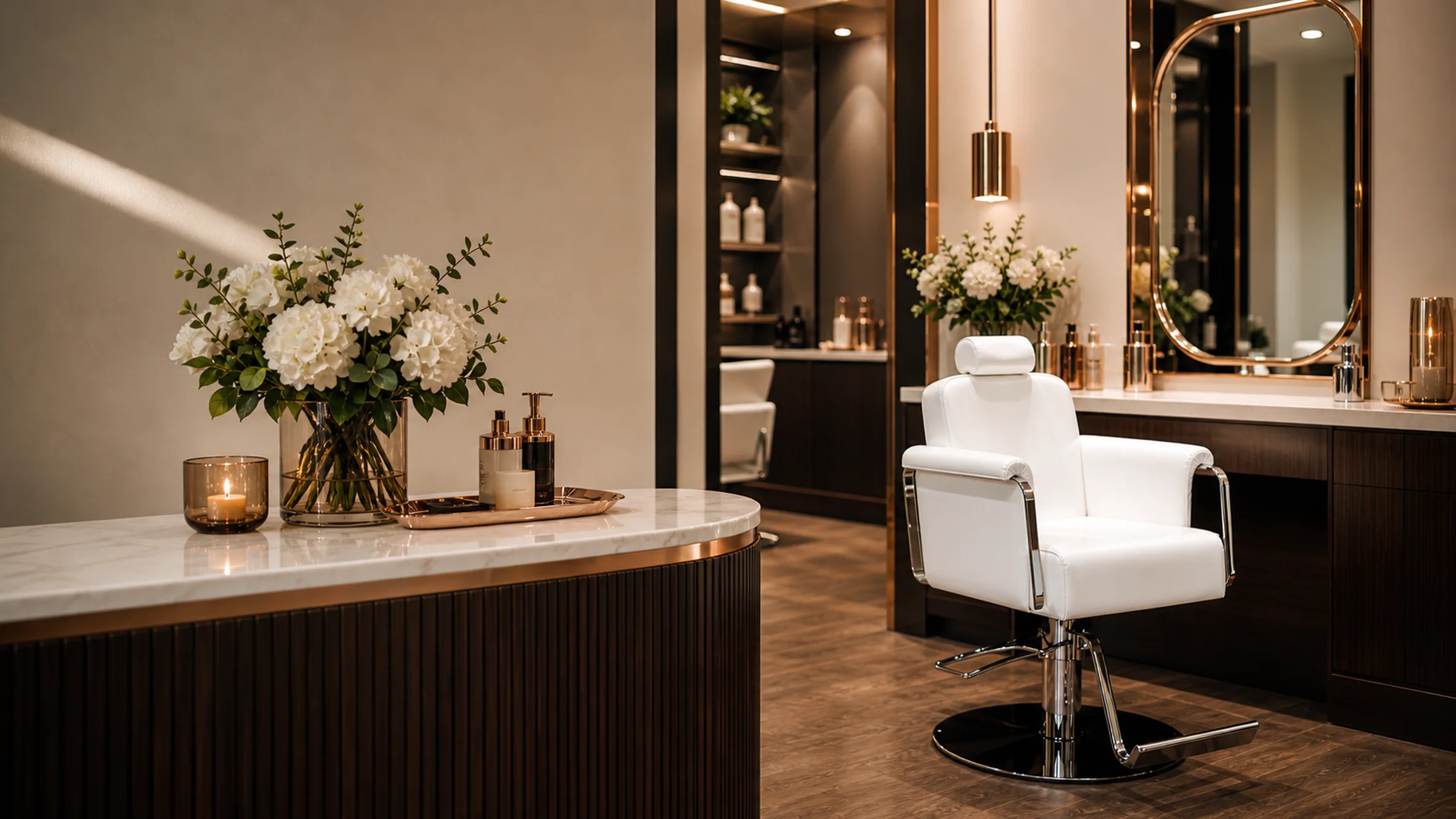 A composed, tidy salon front desk that feels calm and in order.