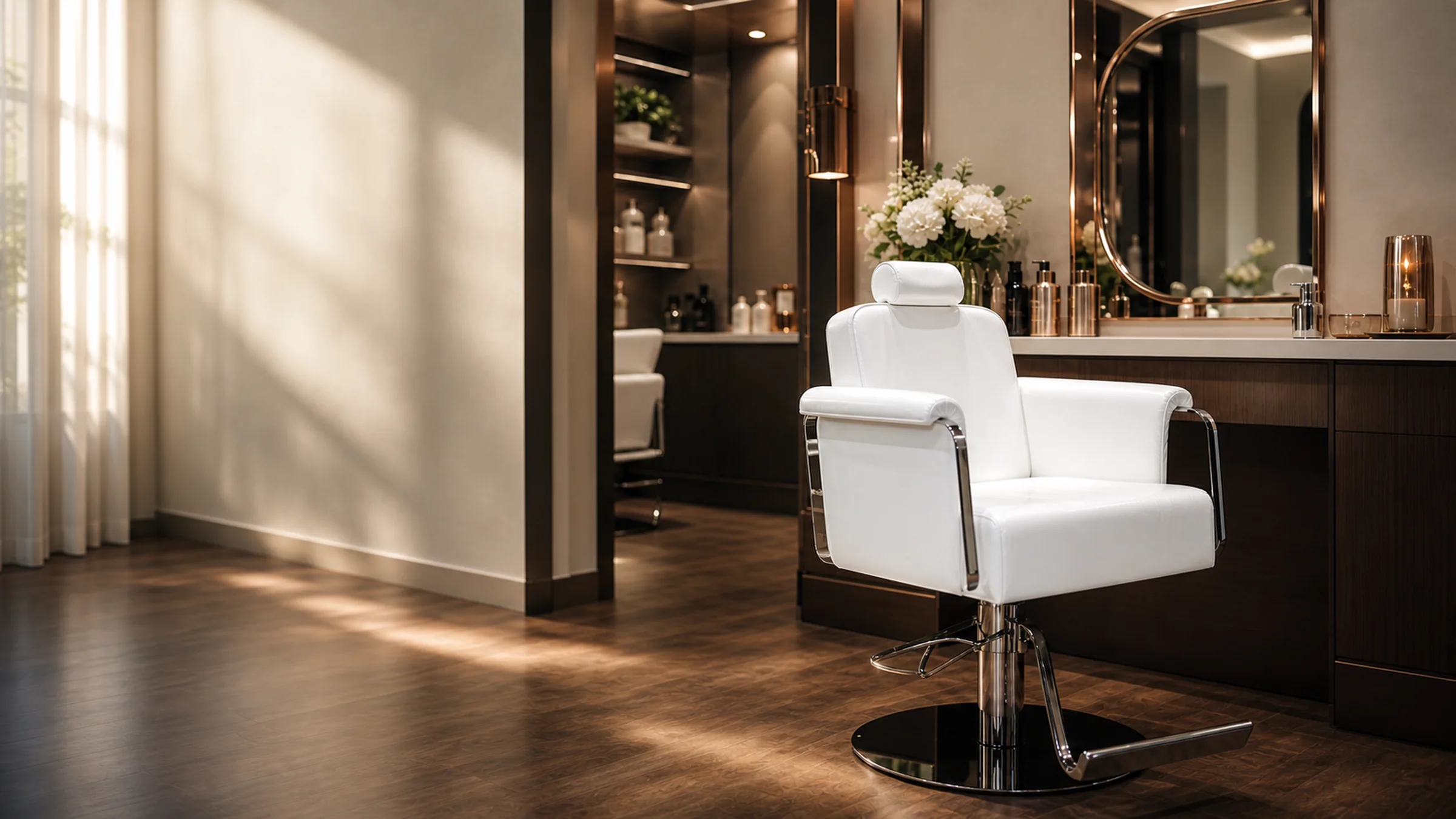 A salon chair beside a window in bright daylight, just opened up.