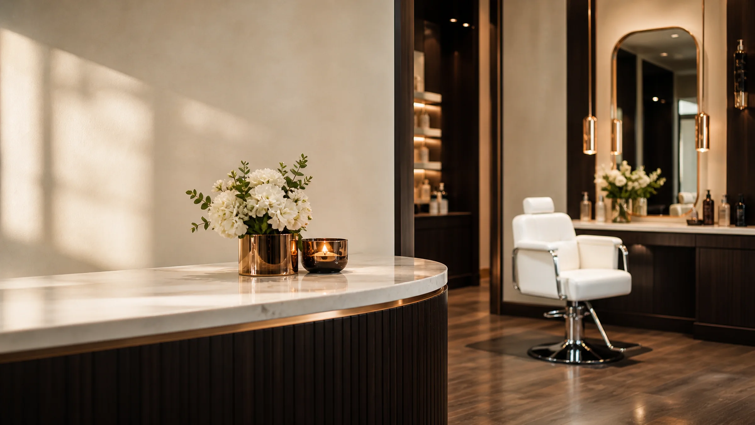 A calm, ordered salon reception in soft daylight.