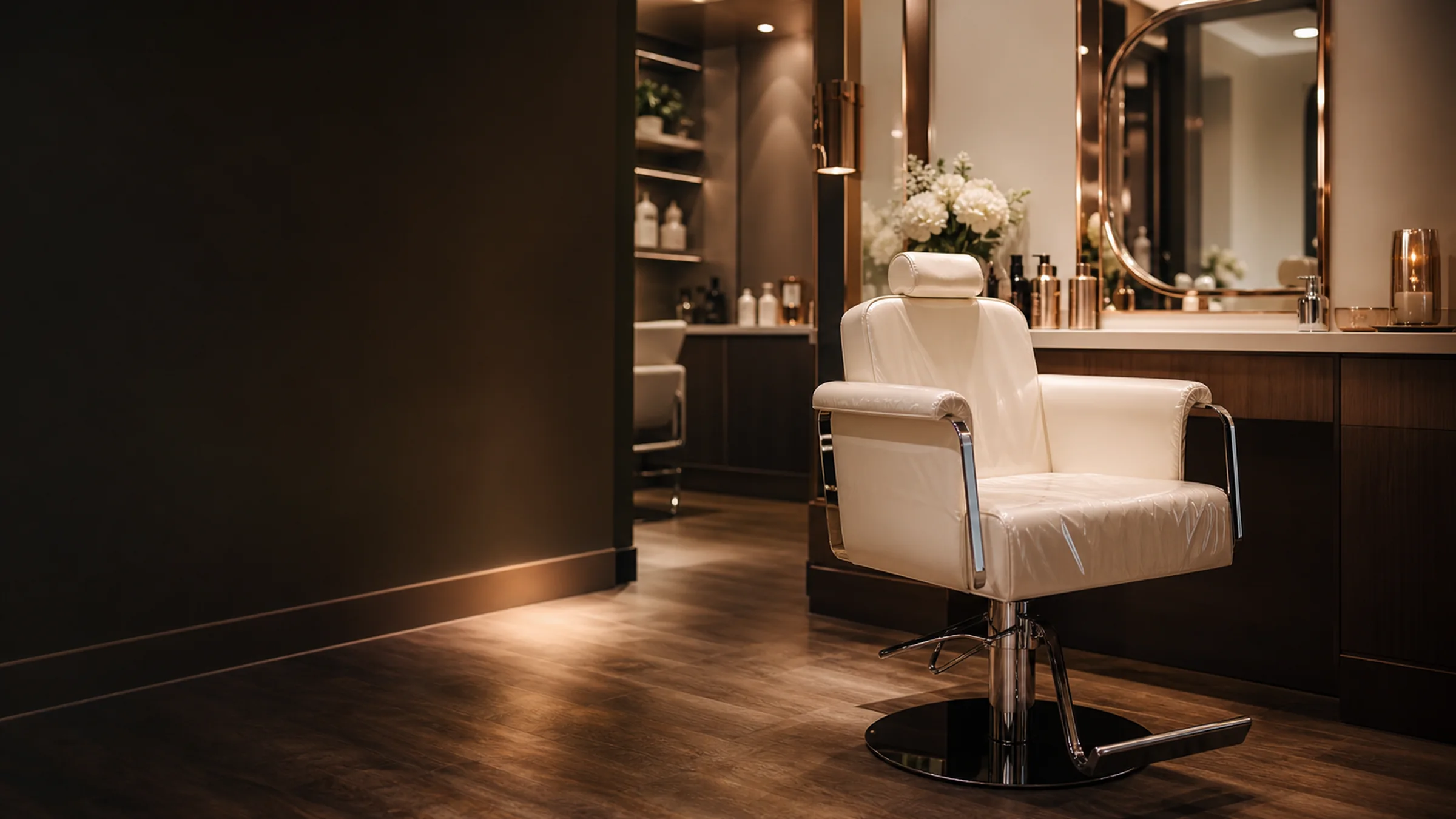 A prepared salon styling station held ready in warm, focused light.