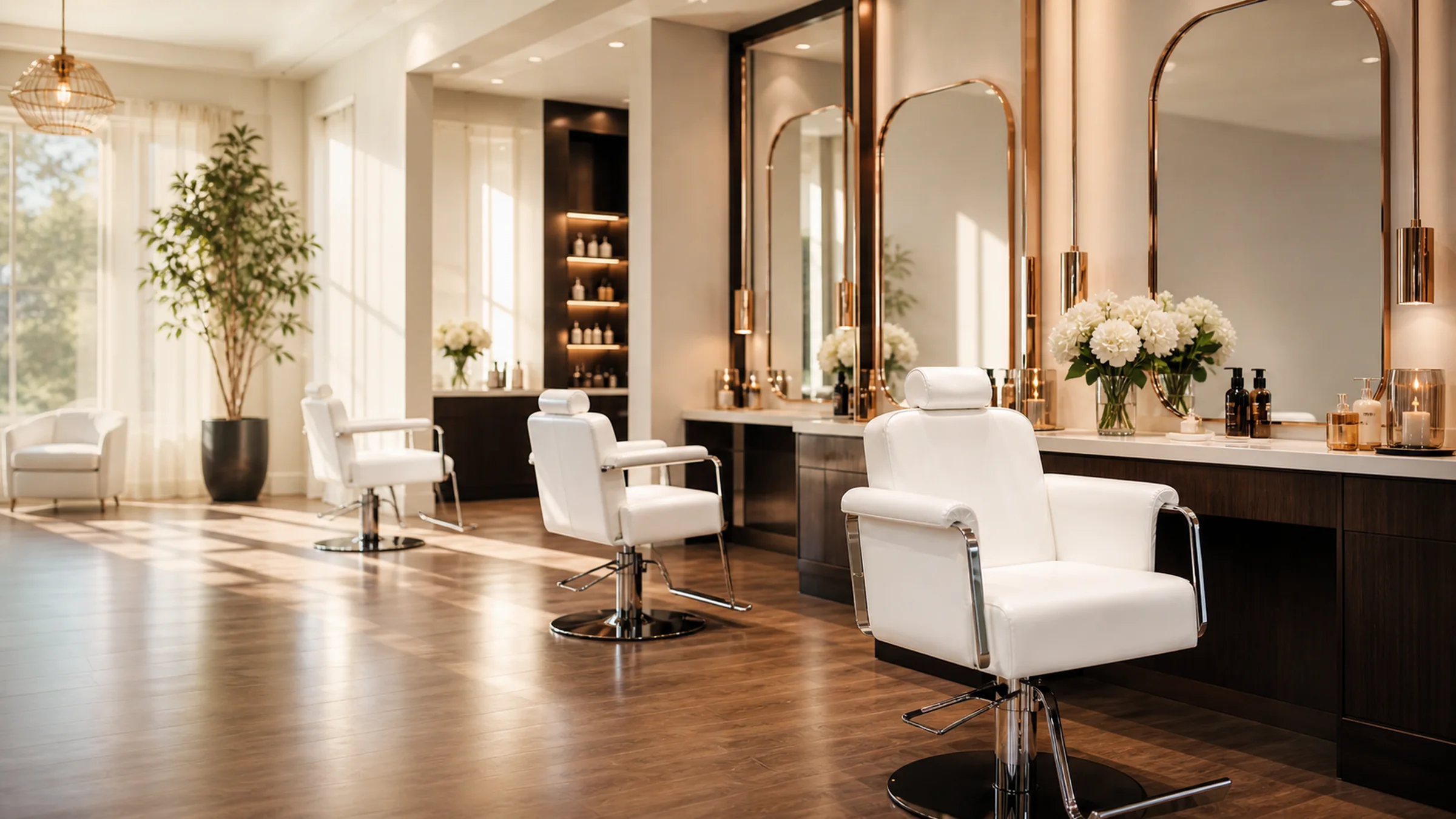 A quiet, beautiful salon interior in soft midday light.