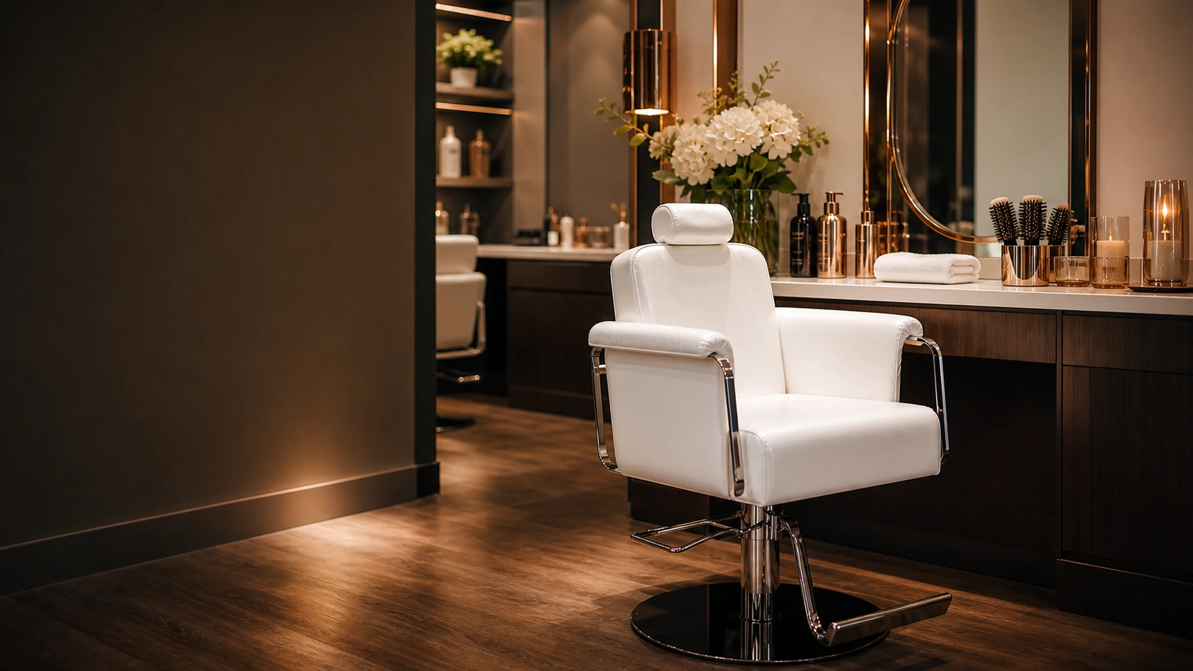 A salon chair freshly reset and ready for the next visit.