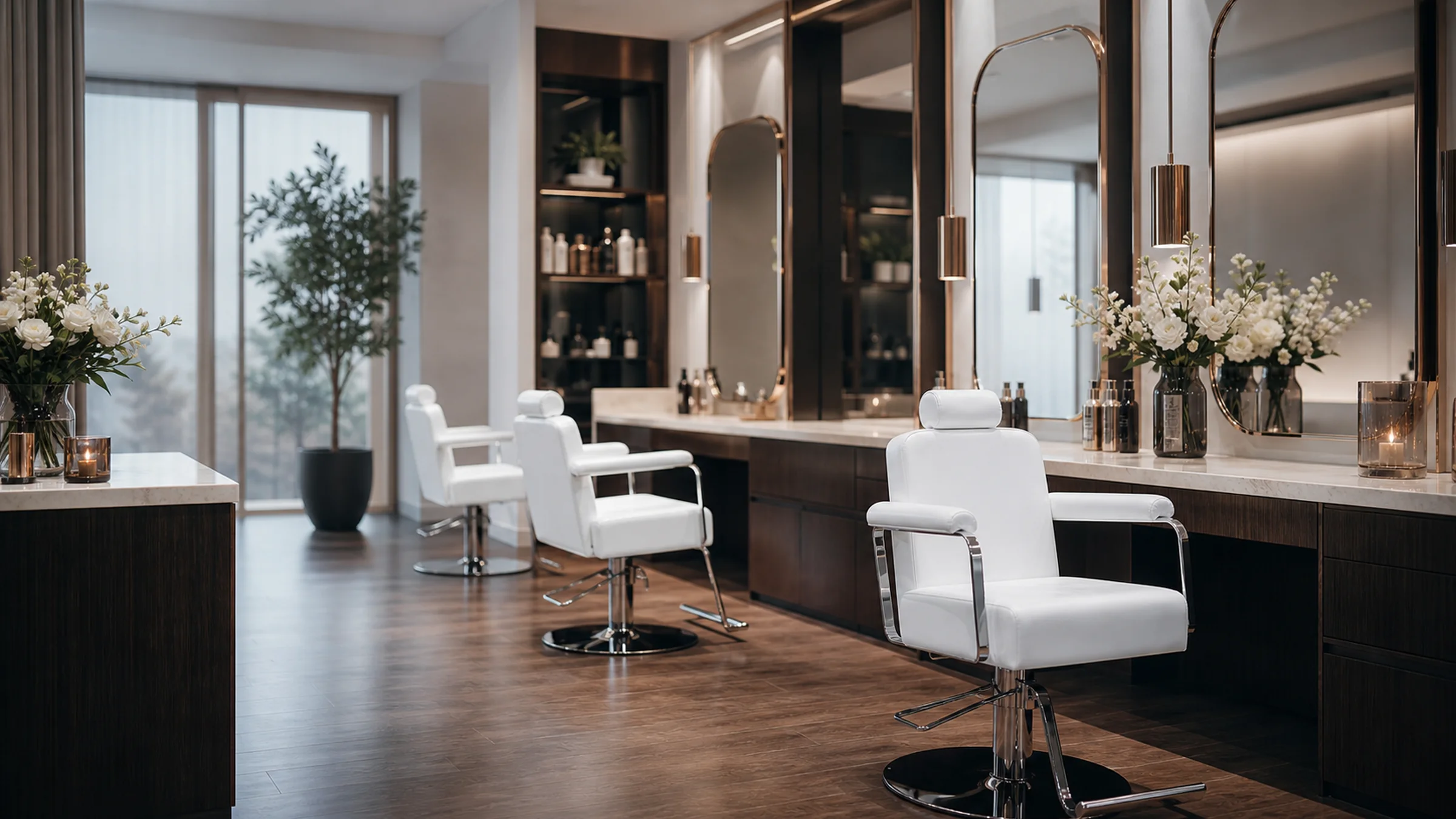 A quiet salon interior with a soft, seasonal quality of light.