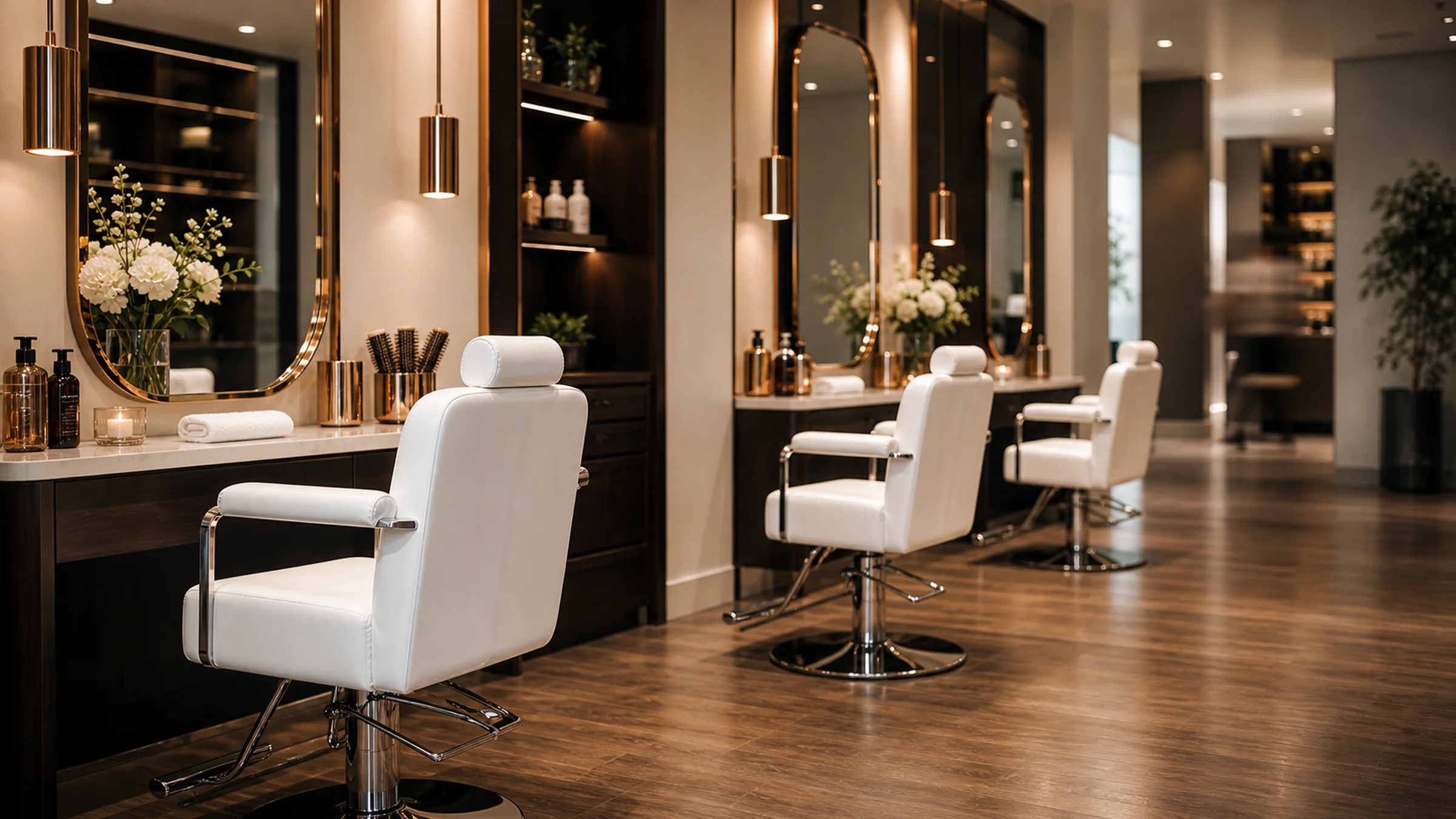 A row of prepared salon stations with soft, anonymous team activity.