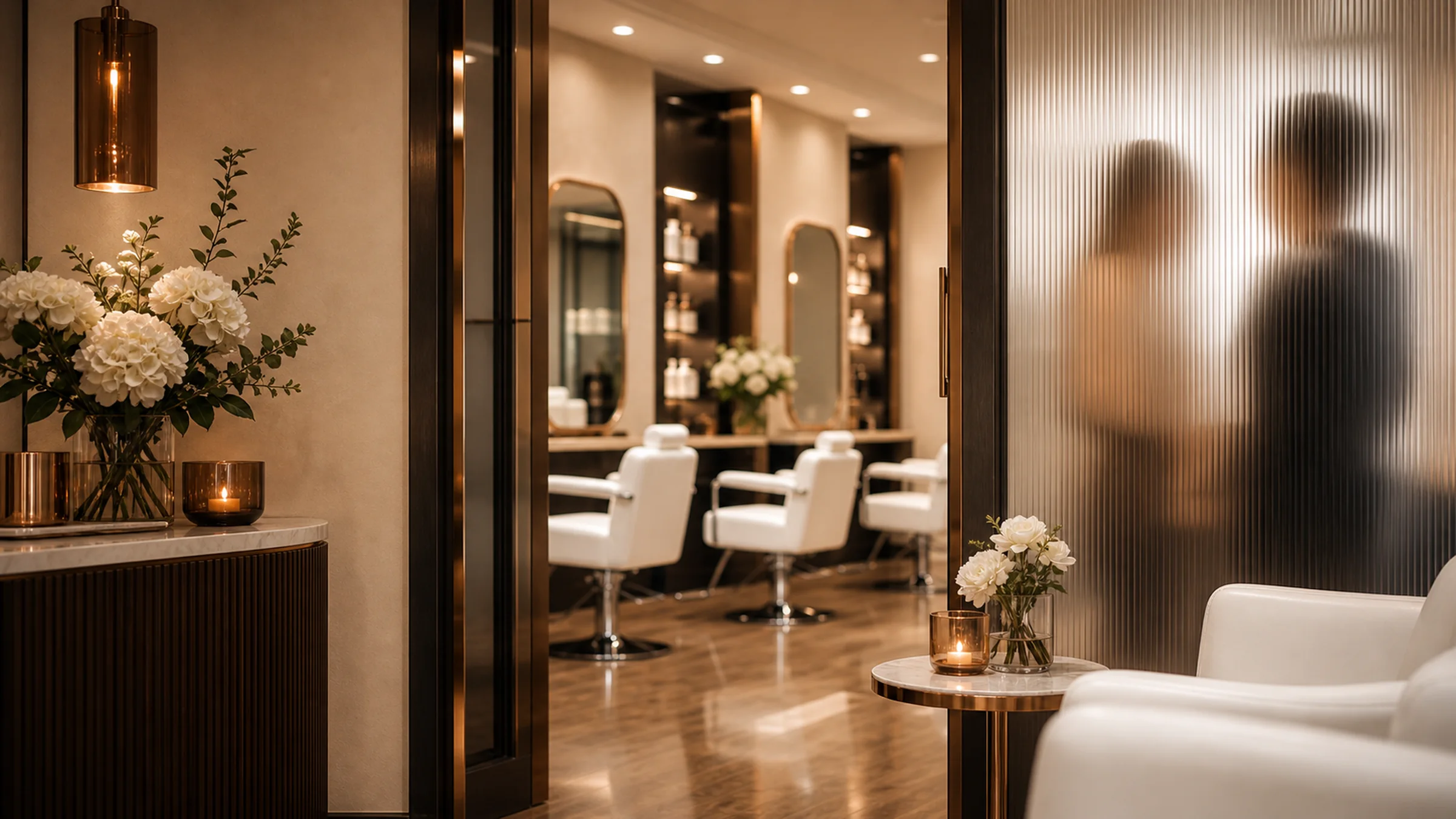 Soft, blurred movement of guests near a warm salon entrance.