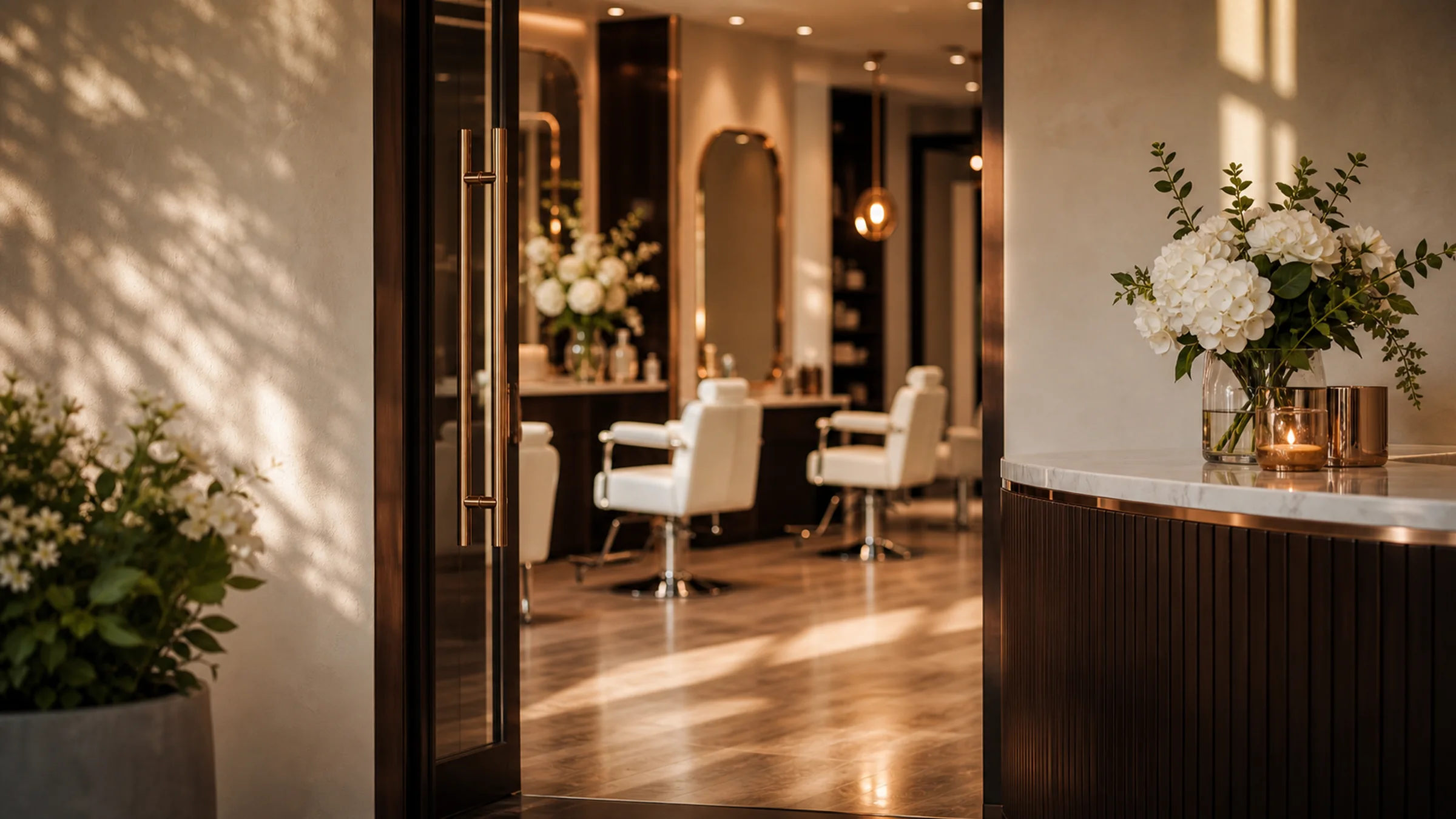 A warmly lit salon entrance, welcoming a returning guest.